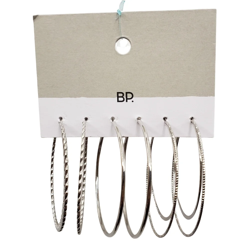 BP 3-Pack Hoop Earrings Silver Jewelry 2" Drop High Shine Finish - Picture 1 of 3